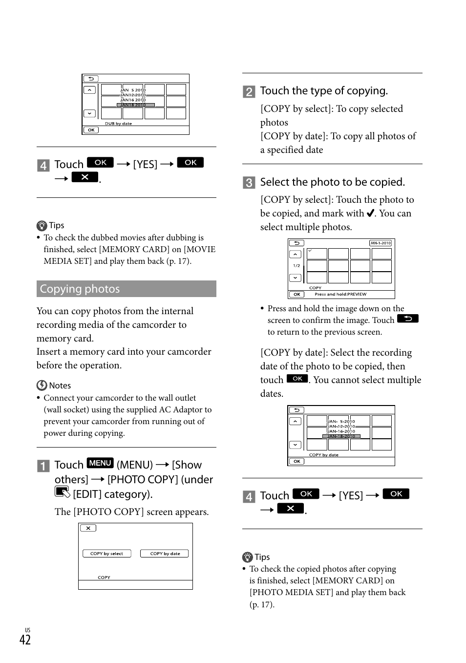 Copying photos | Sony DCR-SR88 User Manual | Page 42 / 98