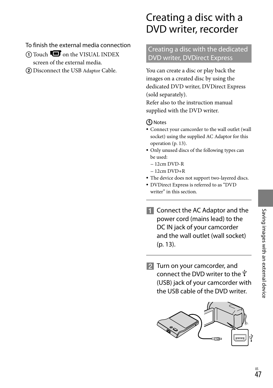 Creating a disc with a dvd writer, recorder | Sony DCR-SR88 User Manual | Page 47 / 98