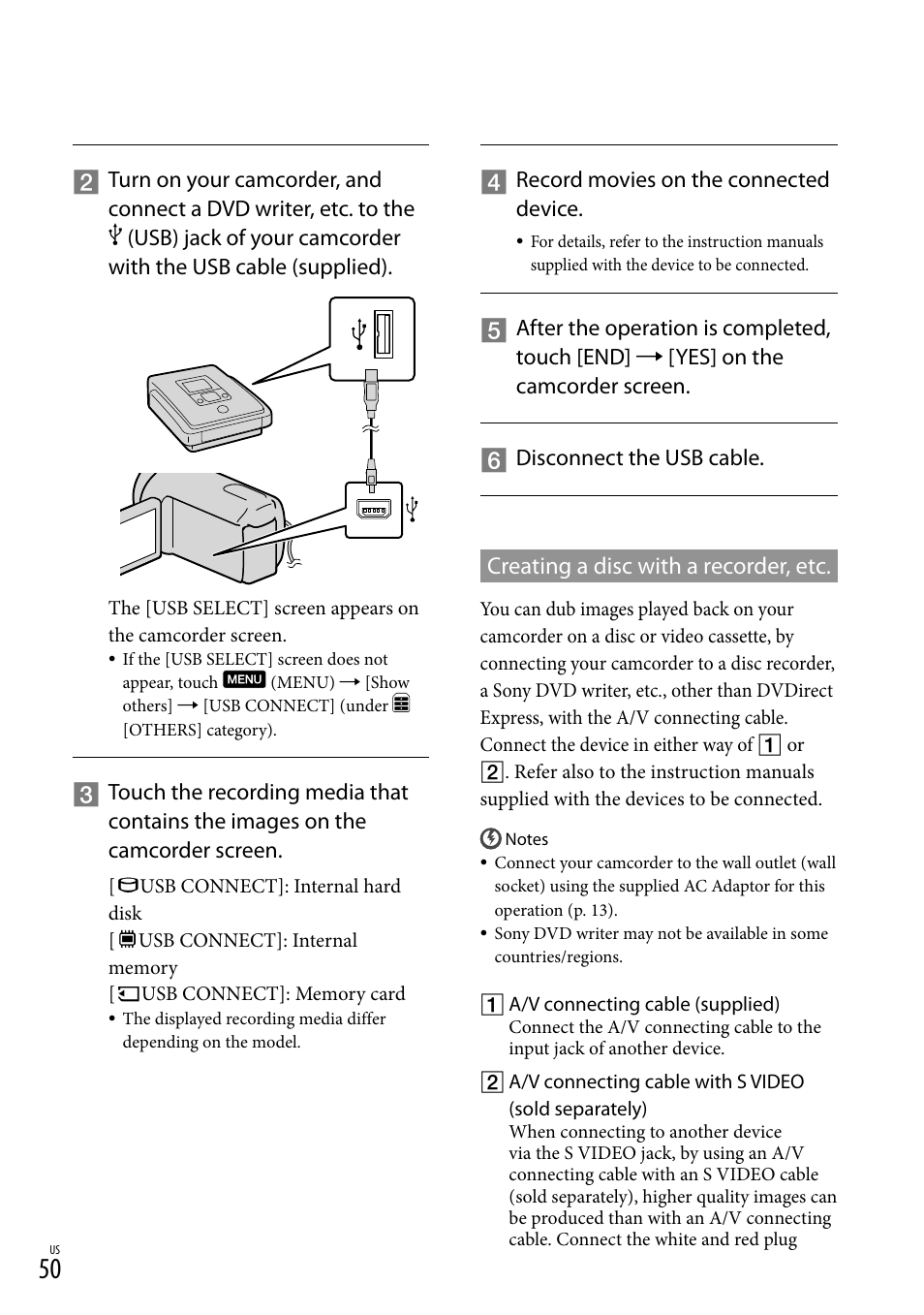 Creating a disc with a recorder, etc | Sony DCR-SR88 User Manual | Page 50 / 98