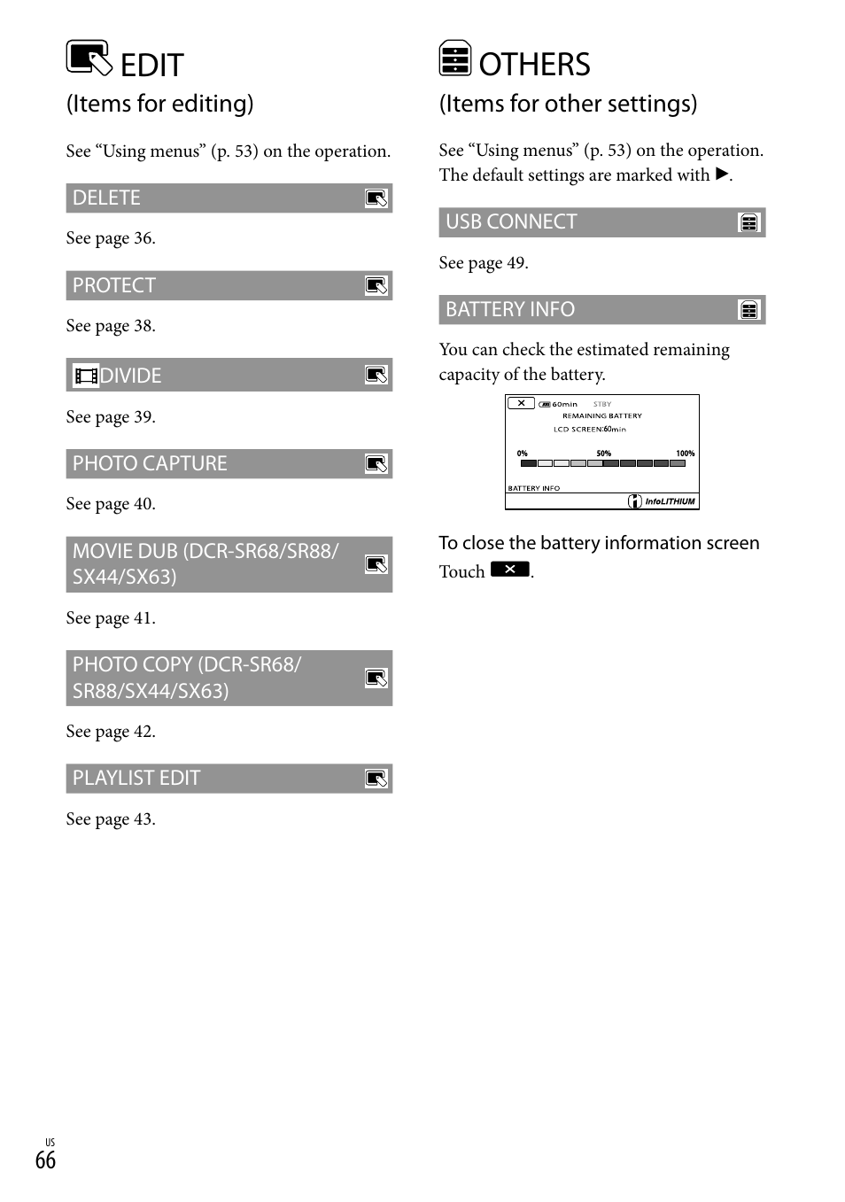 Edit (items for editing), Others (items for other settings), Edit | Others, Items for editing), Items for other settings) | Sony DCR-SR88 User Manual | Page 66 / 98