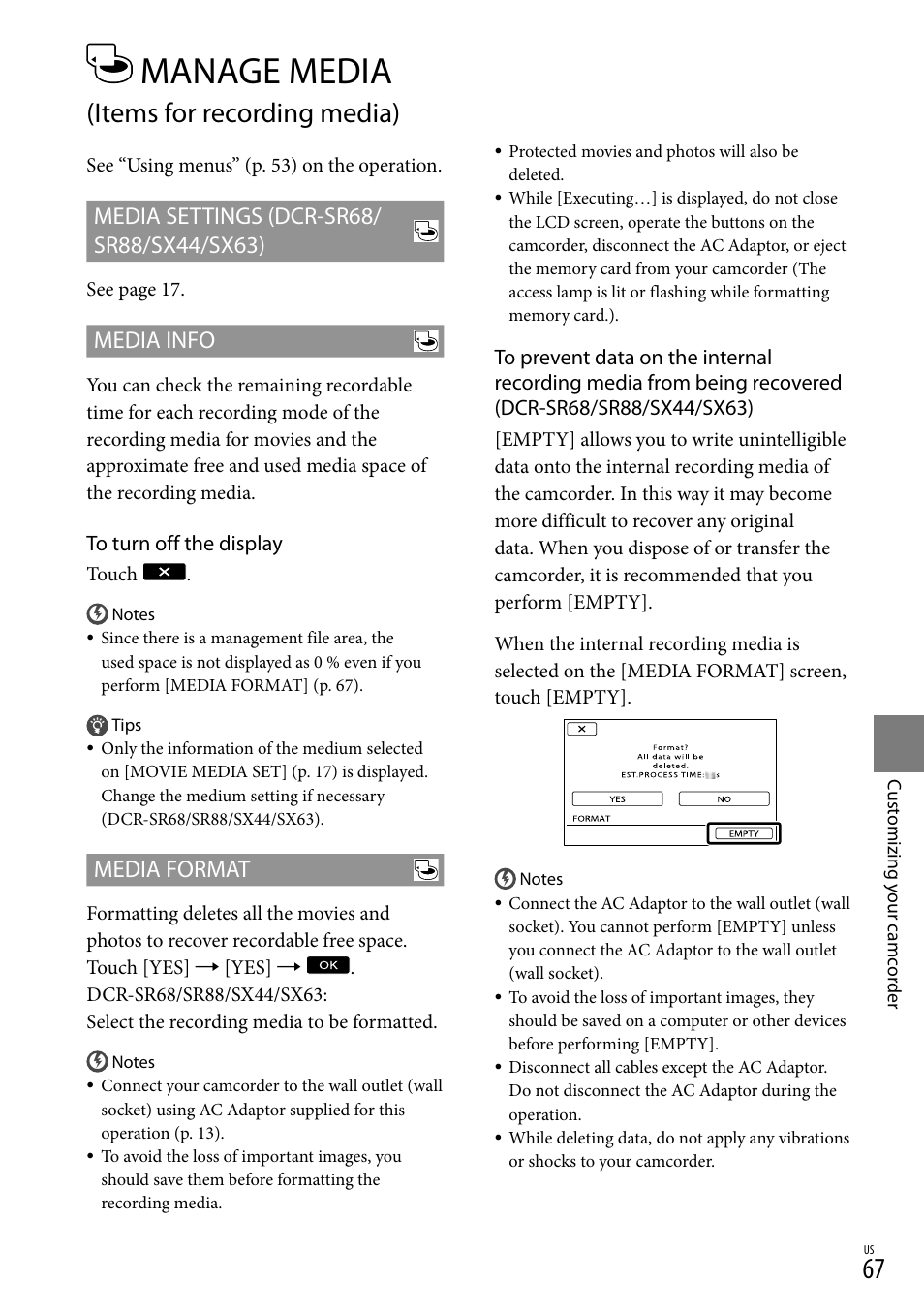 Manage media (items for recording media), 67) i, Manage media | Items for recording media), Media info, Media format | Sony DCR-SR88 User Manual | Page 67 / 98
