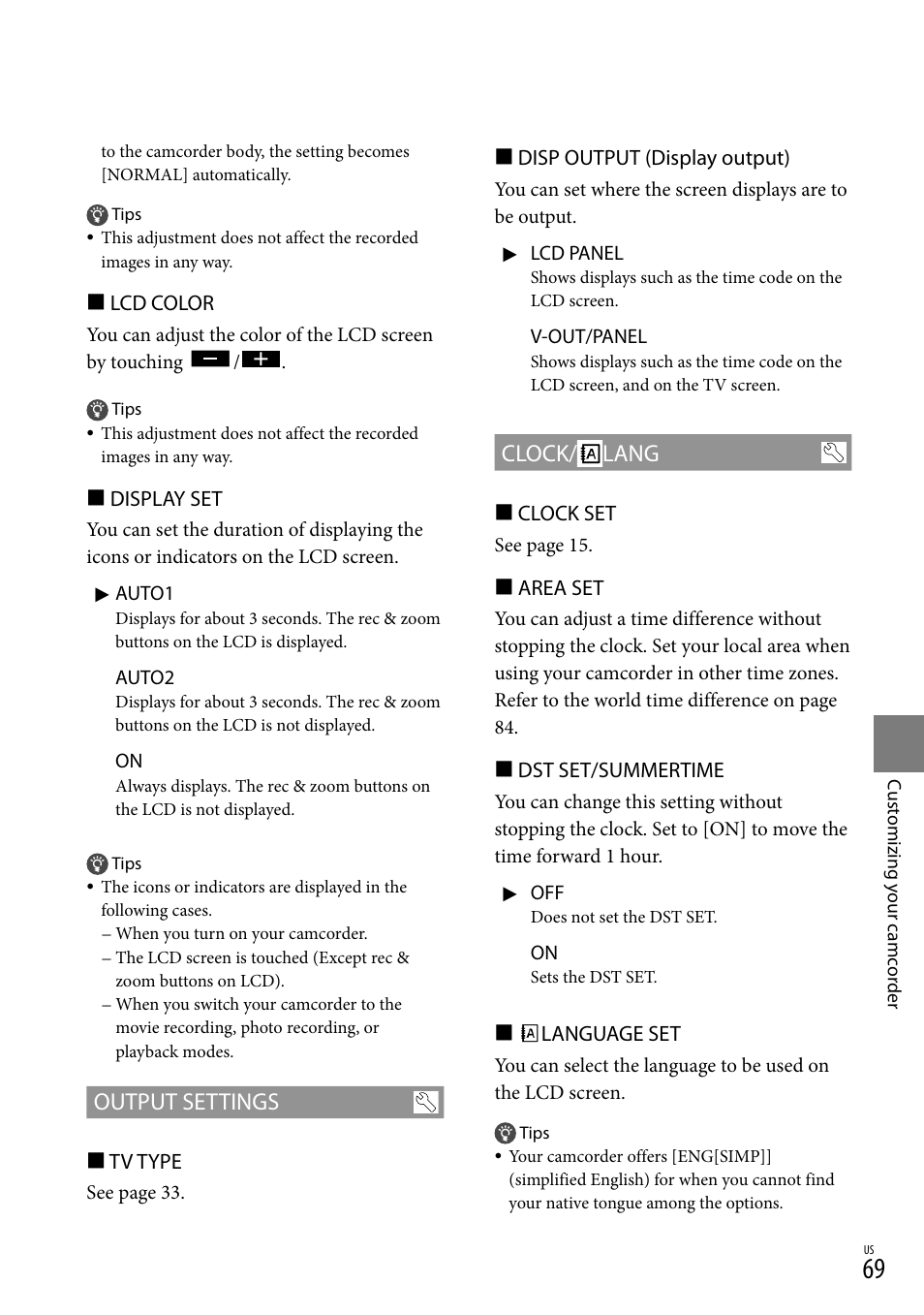 Output settings, Clock/ lang | Sony DCR-SR88 User Manual | Page 69 / 98