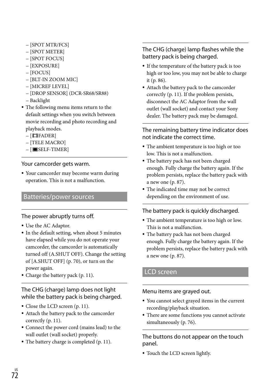 Batteries/power sources, Lcd screen | Sony DCR-SR88 User Manual | Page 72 / 98