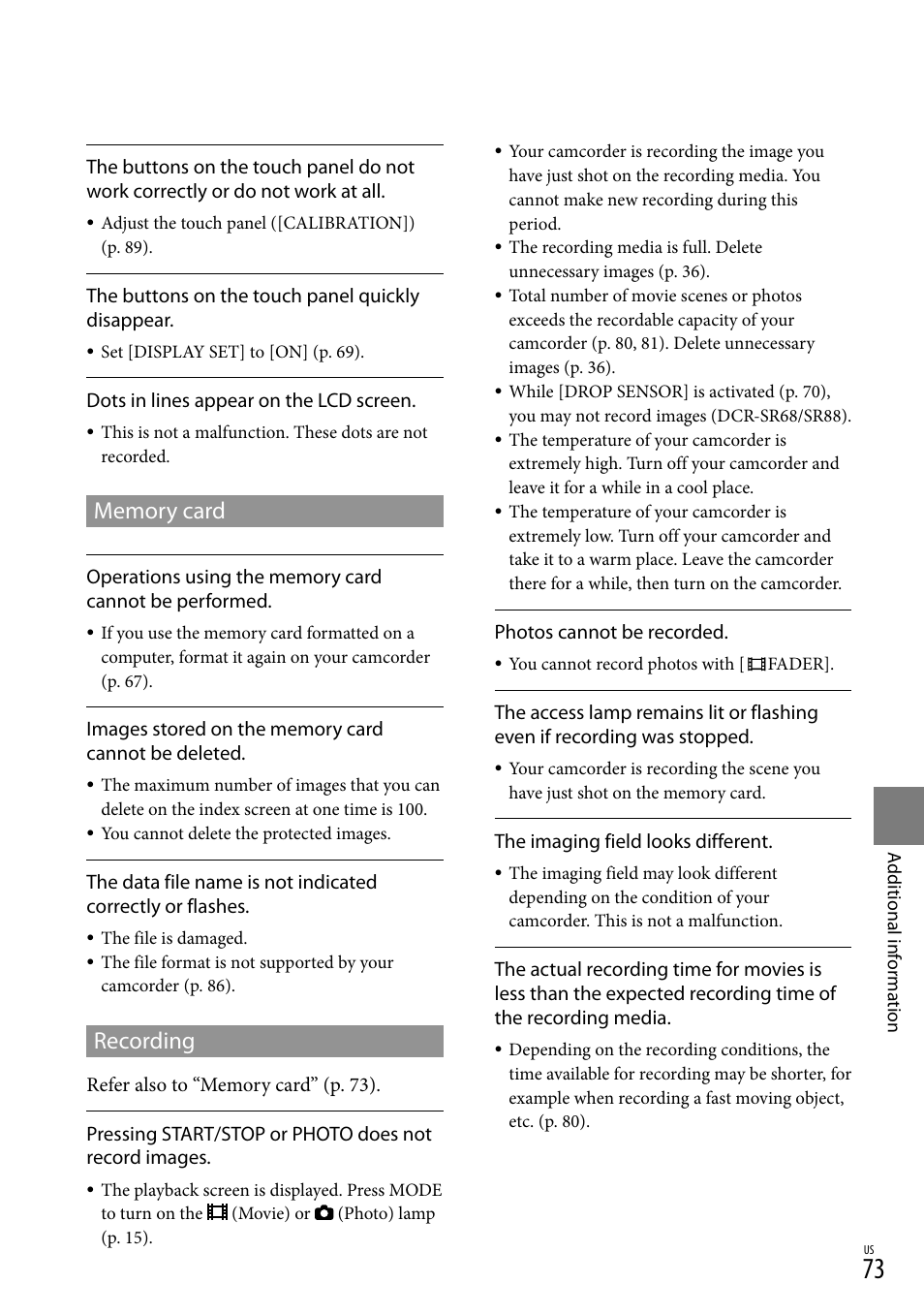Memory card, Recording | Sony DCR-SR88 User Manual | Page 73 / 98