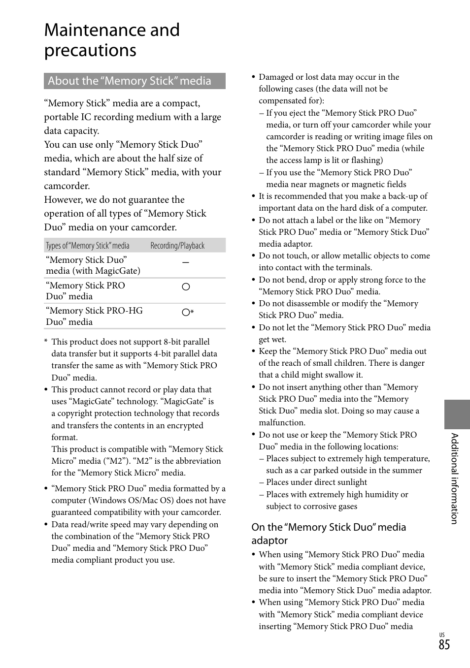 Maintenance and precautions, About the “memory stick” media | Sony DCR-SR88 User Manual | Page 85 / 98