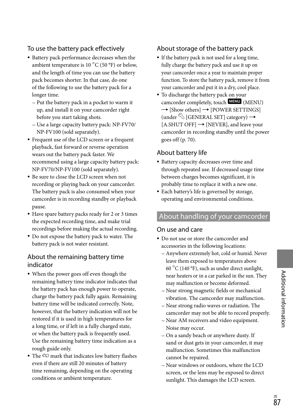 About handling of your camcorder, E “about handling of your, Camcorder” (p | About the remaining battery time indicator, About storage of the battery pack, About battery life, On use and care | Sony DCR-SR88 User Manual | Page 87 / 98