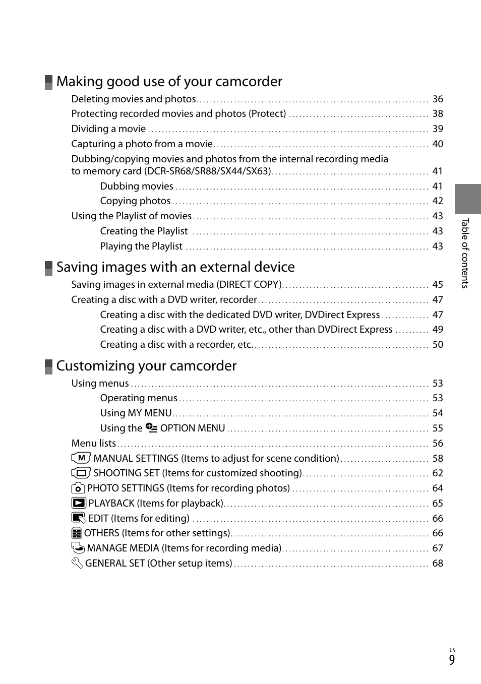 Making good use of your camcorder, Saving images with an external device, Customizing your camcorder | Sony DCR-SR88 User Manual | Page 9 / 98