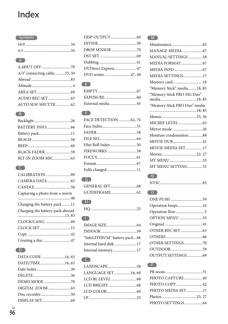 Index | Sony DCR-SR88 User Manual | Page 96 / 98