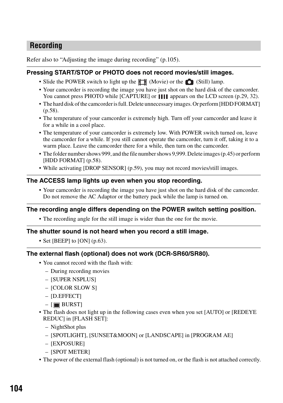 Recording | Sony DCR-SR40 User Manual | Page 104 / 132