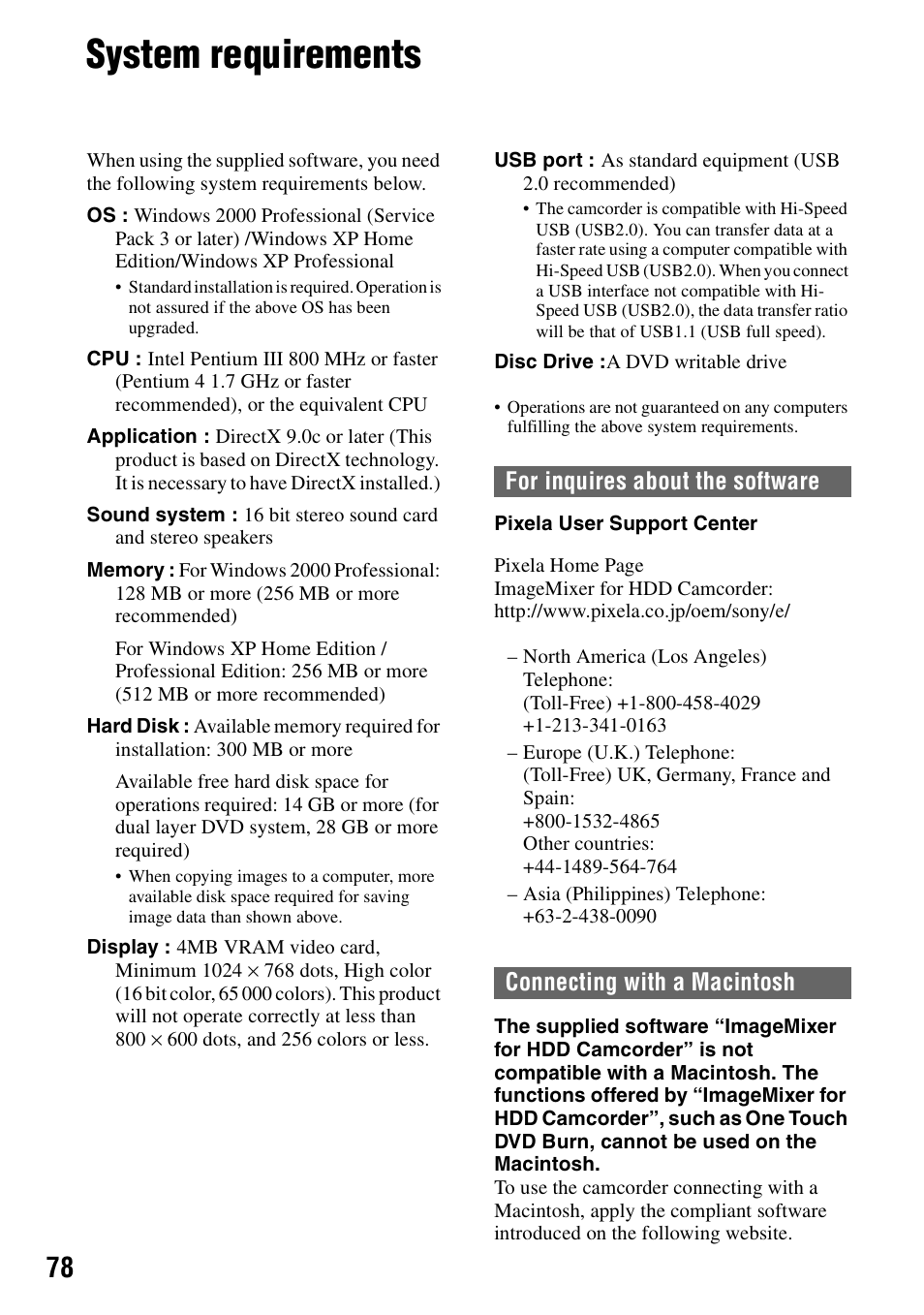 System requirements | Sony DCR-SR40 User Manual | Page 78 / 132