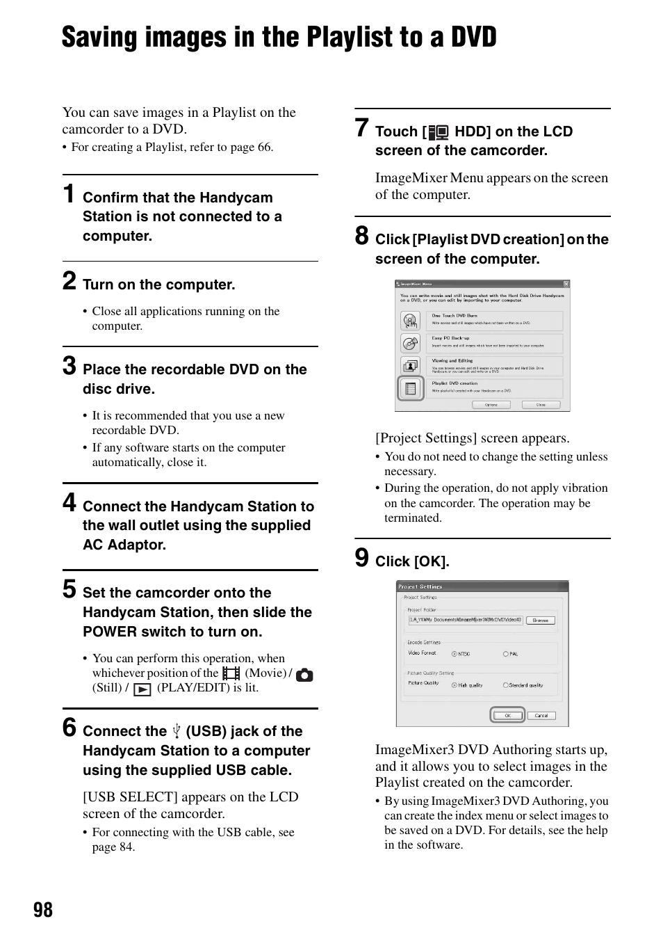 Saving images in the playlist to a dvd | Sony DCR-SR40 User Manual | Page 98 / 132