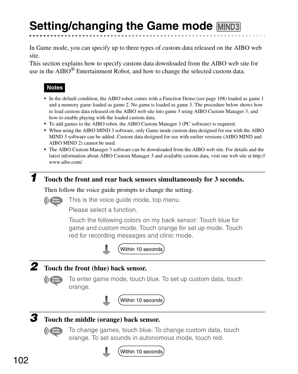 Setting/changing the game mode | Sony ERS-7M3 User Manual | Page 102 / 164