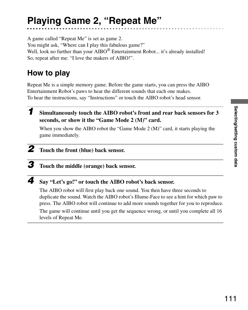 Playing game 2, “repeat me, How to play | Sony ERS-7M3 User Manual | Page 111 / 164
