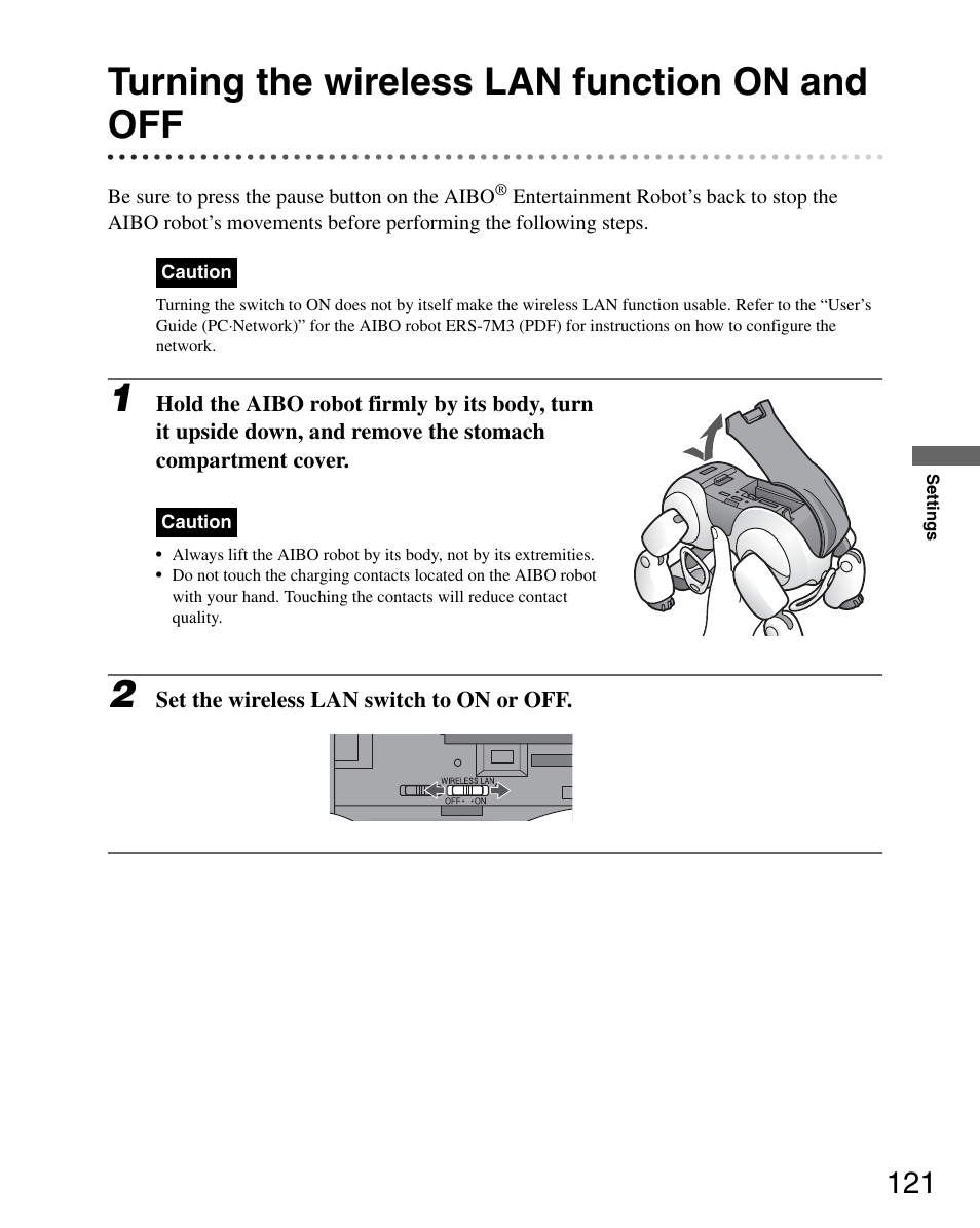 Turning the wireless lan function on and off | Sony ERS-7M3 User Manual | Page 121 / 164