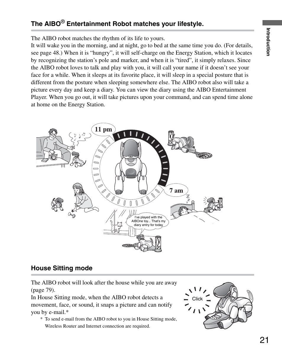 The aibo, Entertainment robot matches your lifestyle, House sitting mode | Sony ERS-7M3 User Manual | Page 21 / 164