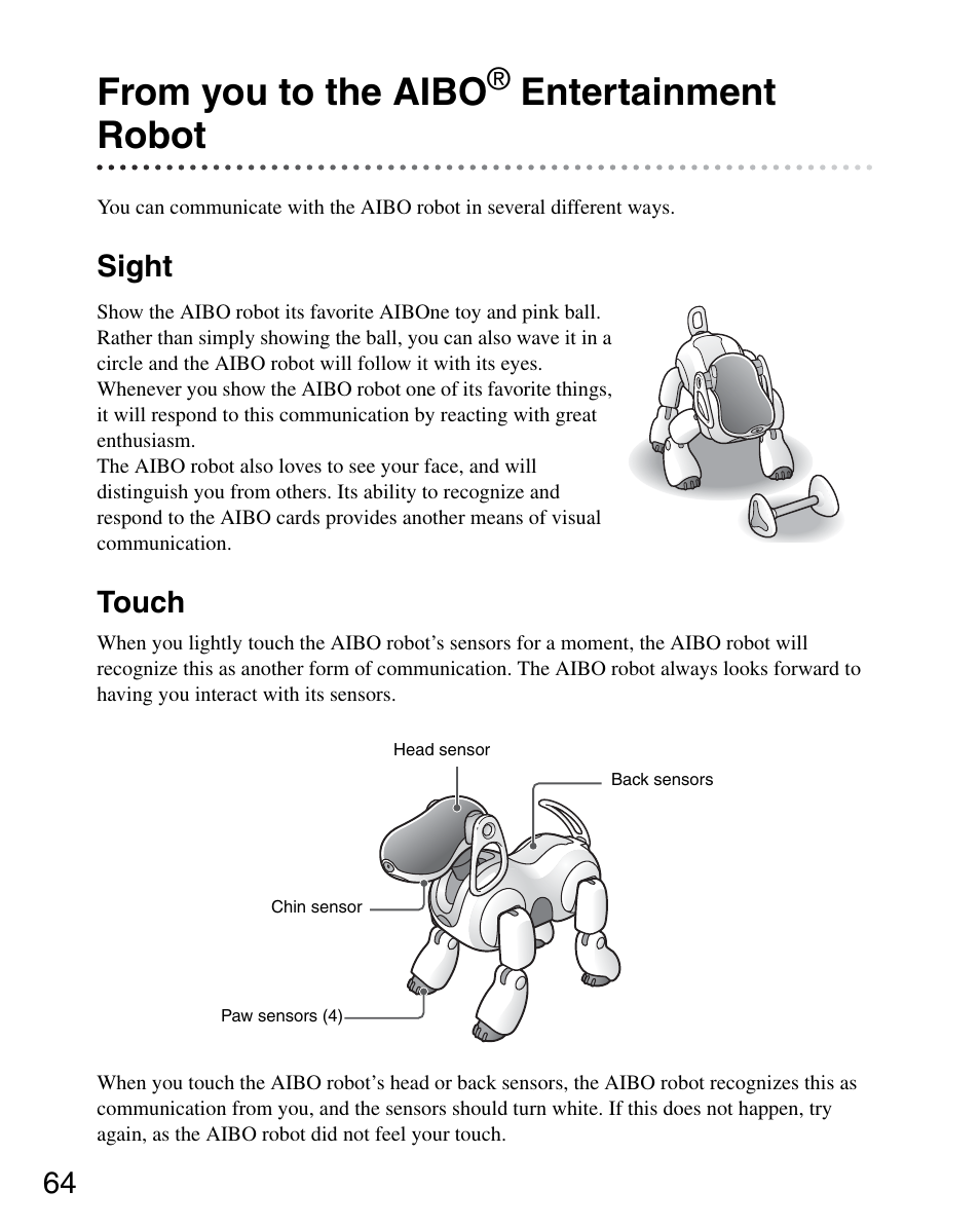 From you to the aibo® entertainment robot, Sight, Touch | From you to the aibo, Entertainment robot, Sight touch | Sony ERS-7M3 User Manual | Page 64 / 164
