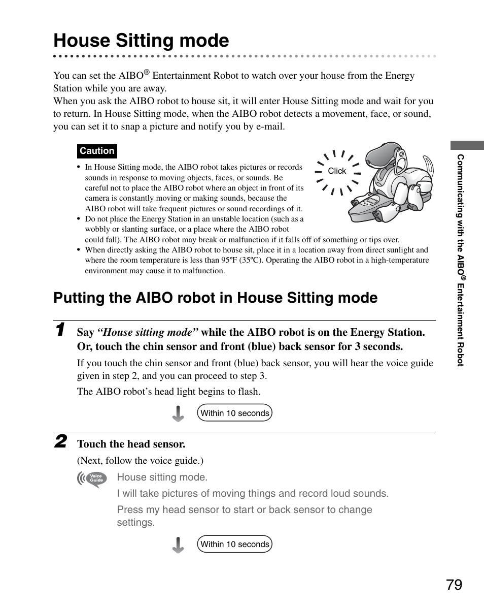 House sitting mode, Putting the aibo robot in house sitting mode | Sony ERS-7M3 User Manual | Page 79 / 164