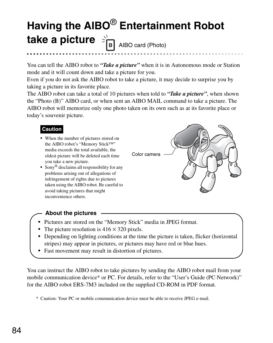 Having the aibo, Entertainment robot take a picture | Sony ERS-7M3 User Manual | Page 84 / 164