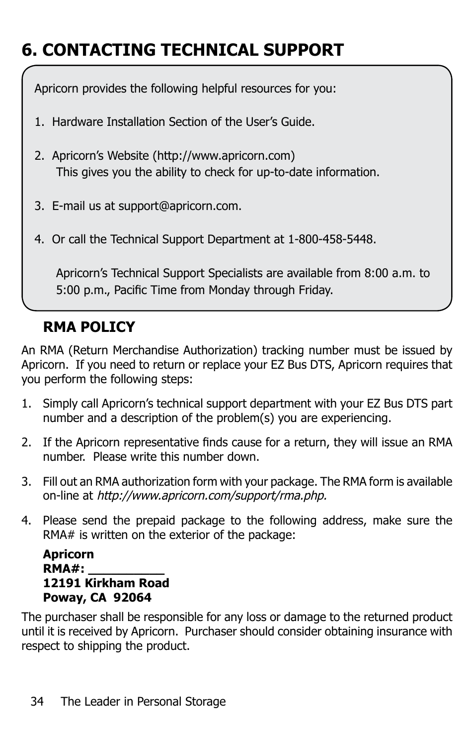 Contacting technical support, Rma policy | Apricorn EZ Bus DTS User Manual | Page 34 / 44