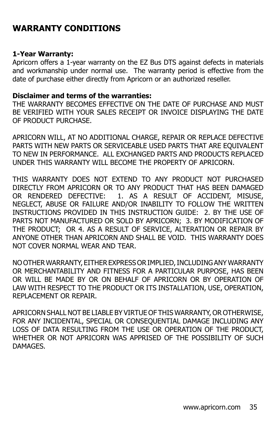 Warranty conditions | Apricorn EZ Bus DTS User Manual | Page 35 / 44