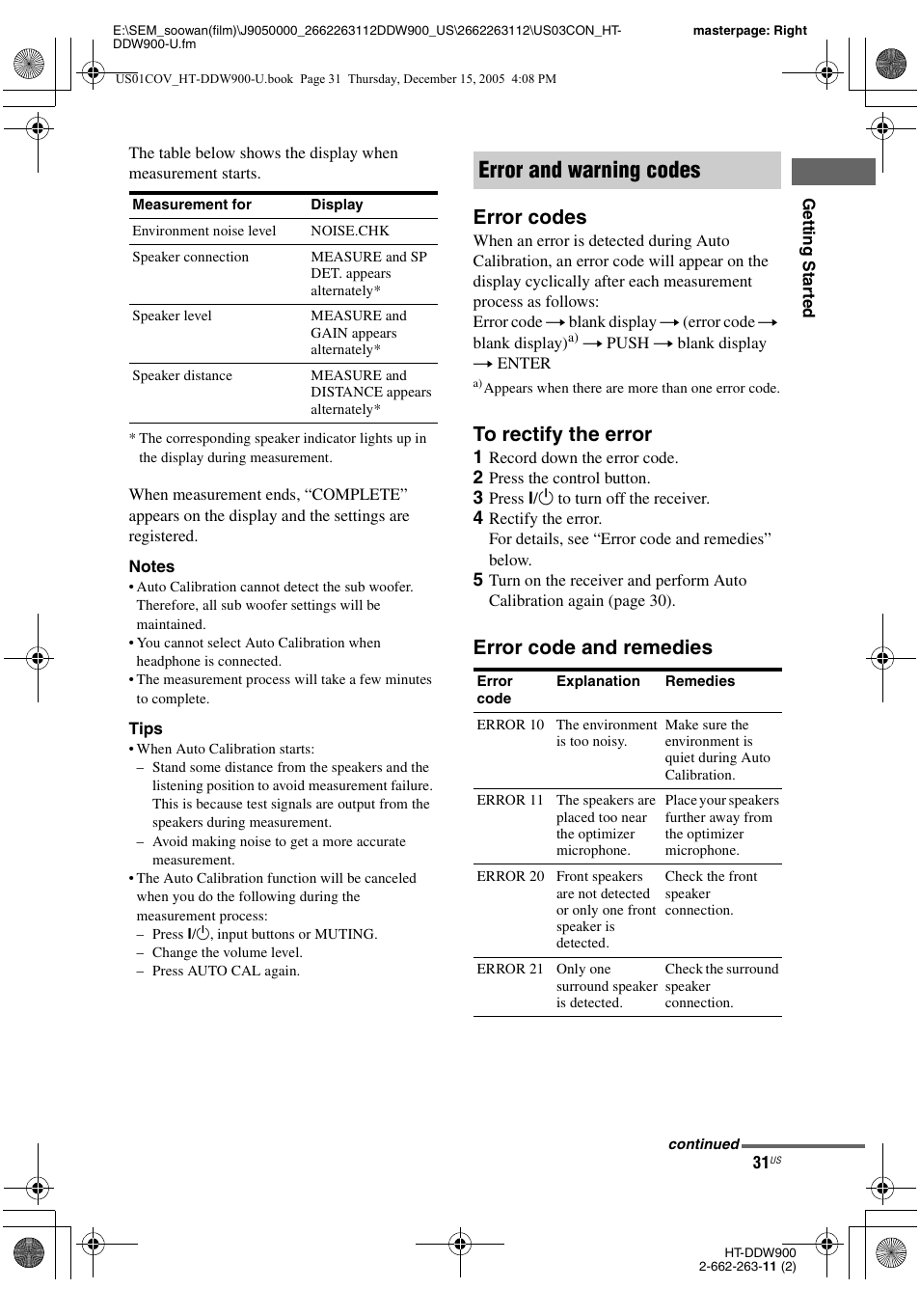 Error and warning codes, Error codes, Error code and remedies | Sony HT-DDW900 User Manual | Page 31 / 76