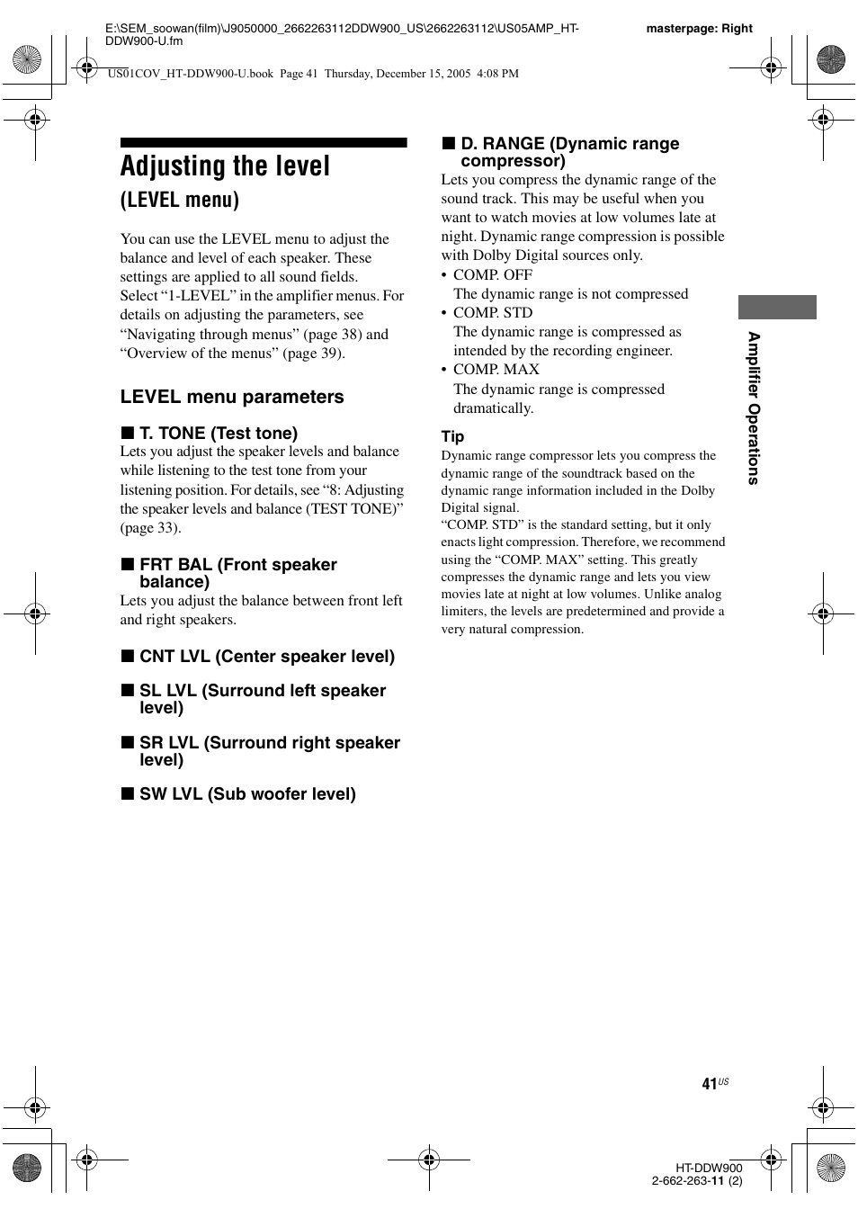 Adjusting the level (level menu), Adjusting the level, Level menu) | Sony HT-DDW900 User Manual | Page 41 / 76