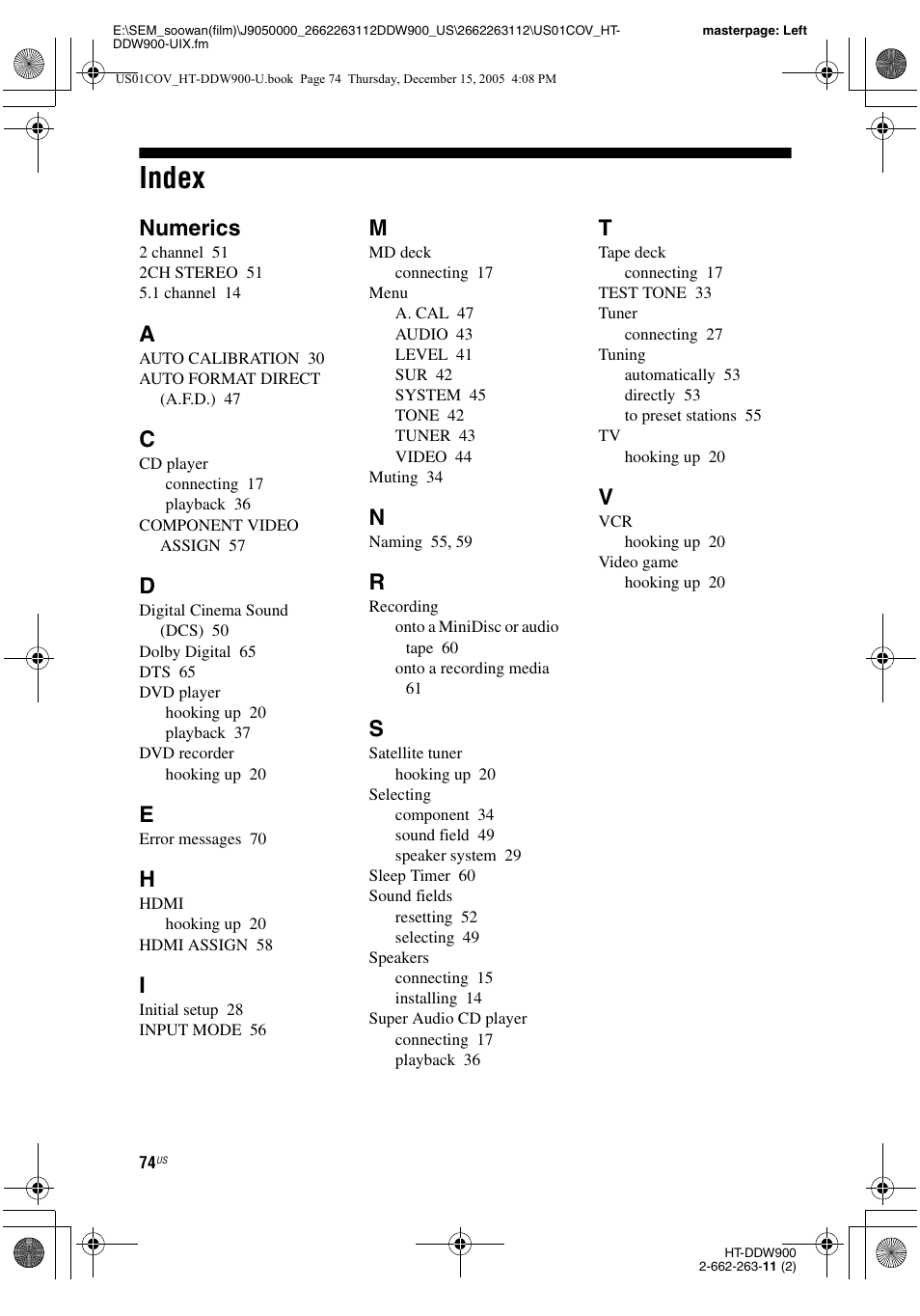 Index, Numerics | Sony HT-DDW900 User Manual | Page 74 / 76