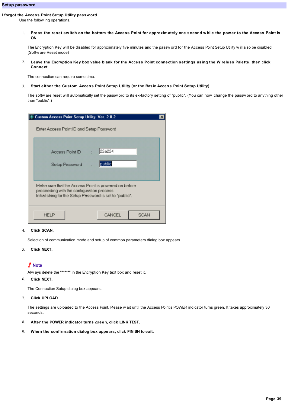 Setup password, Setup passw ord | Sony PCWA-A220 User Manual | Page 39 / 61