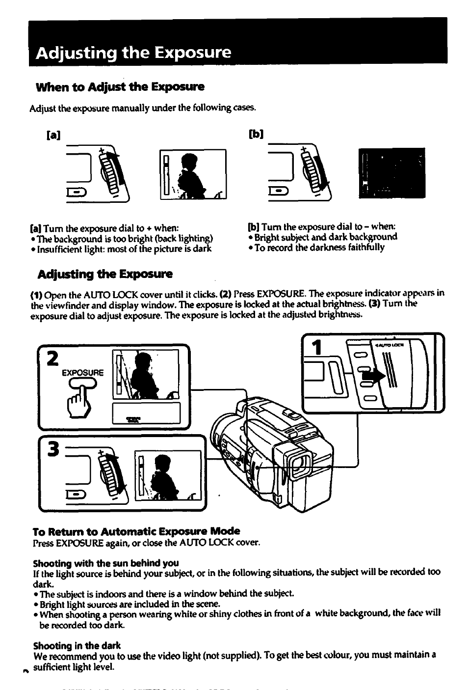 Adjusting the exposure, When to adjust the exposure, To return to automatic exposure mode | Sony CCD-TR700 User Manual | Page 28 / 64