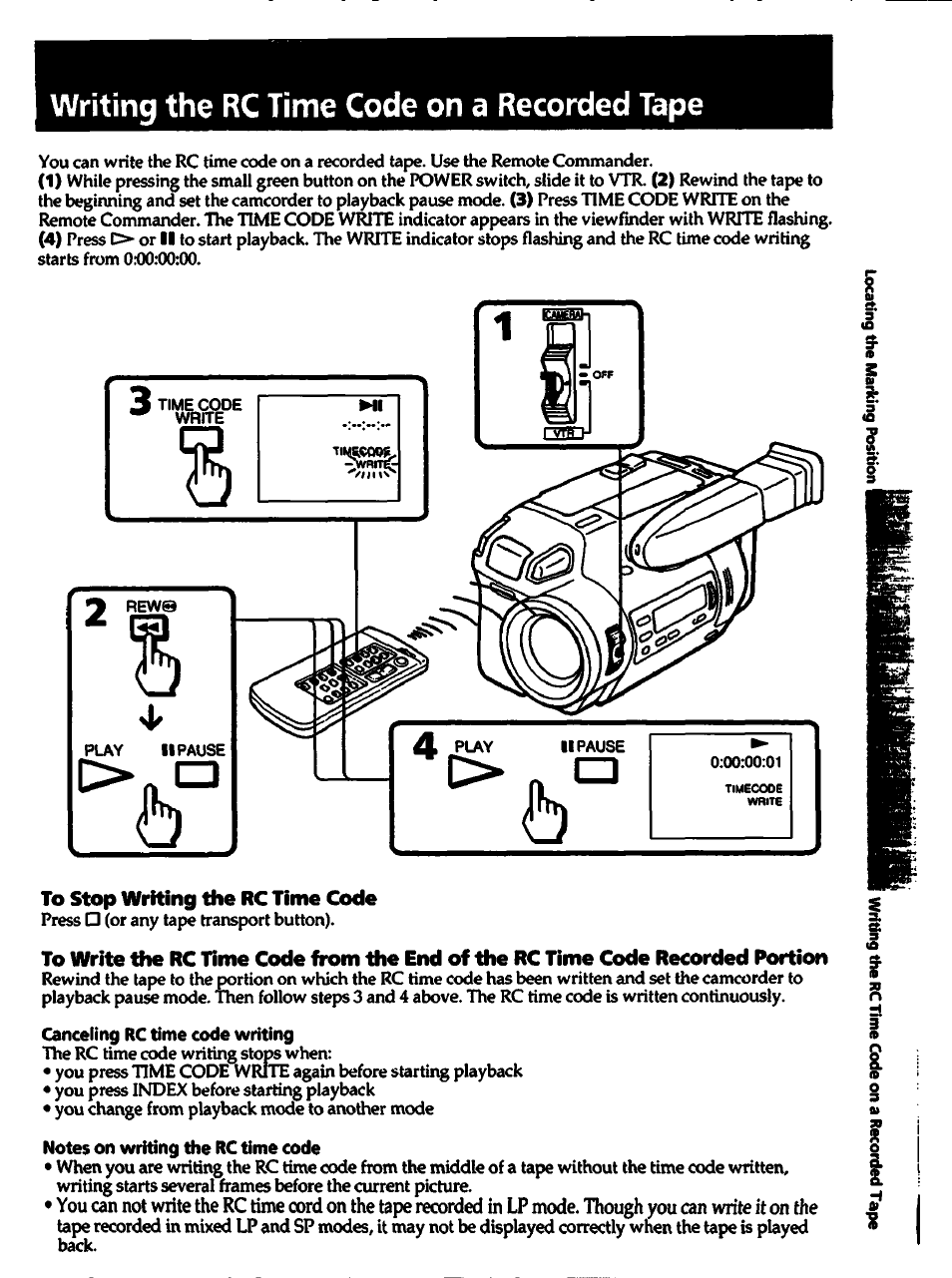 Writing the rc time code on a recorded tape, To stop writing the rc time code, Canceling rc time code writing | Notes on writing the rc time code, O „ a | Sony CCD-TR700 User Manual | Page 39 / 64