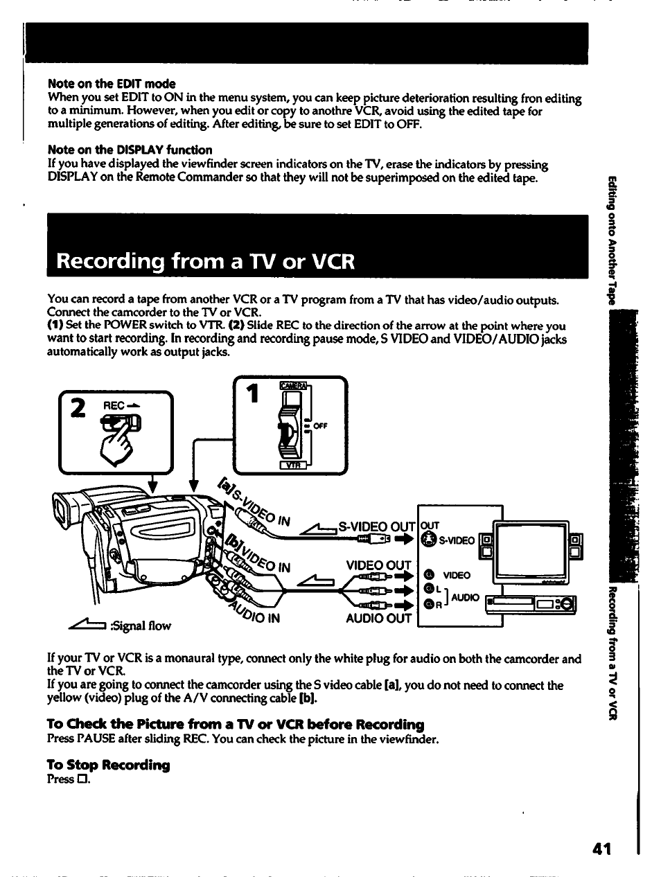 Note on the edit mode, Note on the display function, Recording from a tv or vcr | To stop recording | Sony CCD-TR700 User Manual | Page 41 / 64