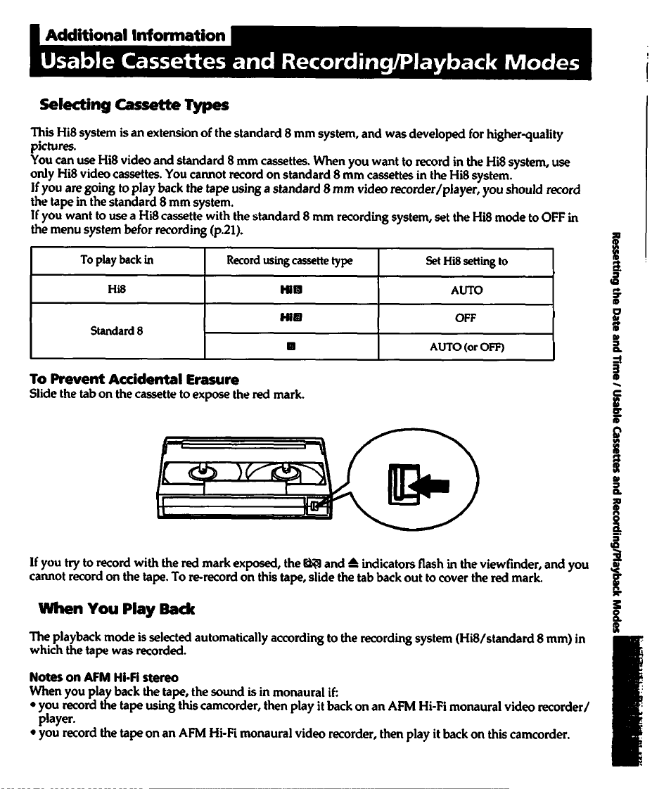 I additional information, Usable cassettes and recording/playback modes, Selecting cassette types | To prevent accidental erasure, When you play bade, Notes on afm hi-fi stereo | Sony CCD-TR700 User Manual | Page 45 / 64