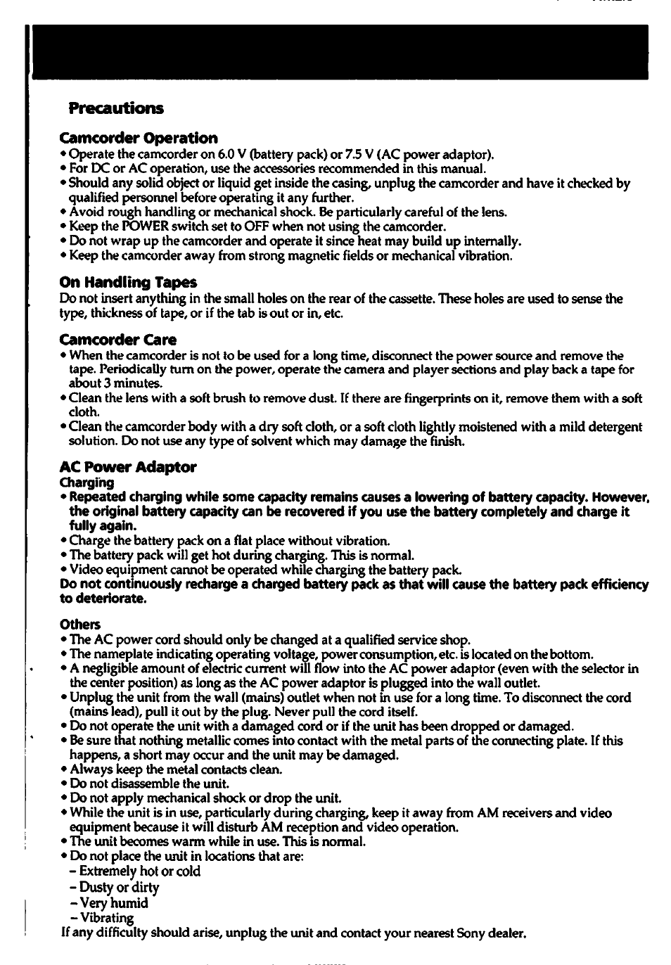 Precautions, Camcorder operation, On handling tapes | Camcorder care, Ac power adaptor, Charging, To deteriorate, Others | Sony CCD-TR700 User Manual | Page 51 / 64