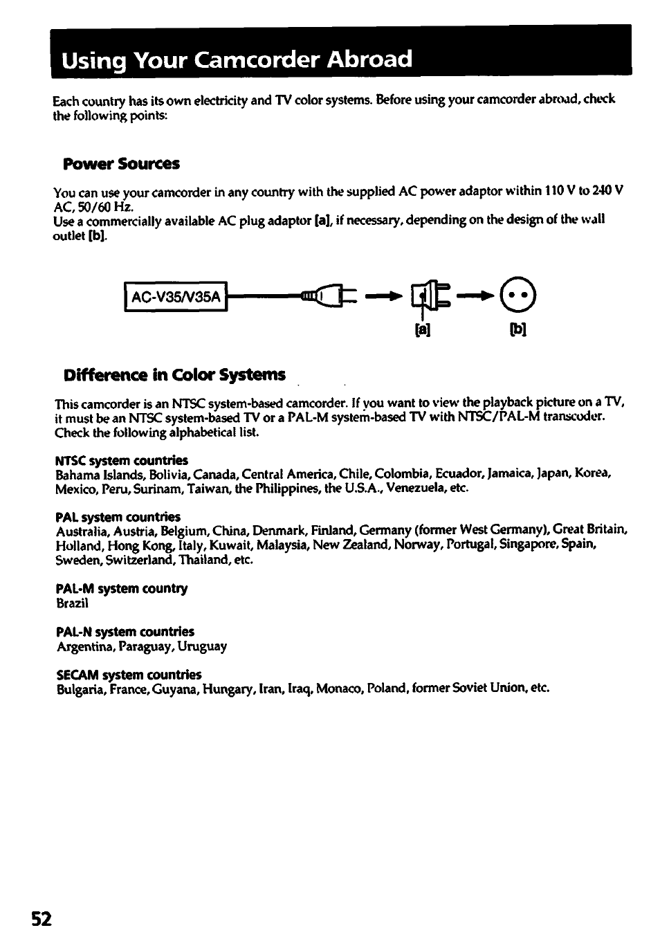 Using your camcorder abroad, Power sources, A] (bl | Difference in color systems, Ntsc system countries, Pal system countries, Pal-m system country, Pal-n system countries, Secam system countries | Sony CCD-TR700 User Manual | Page 52 / 64