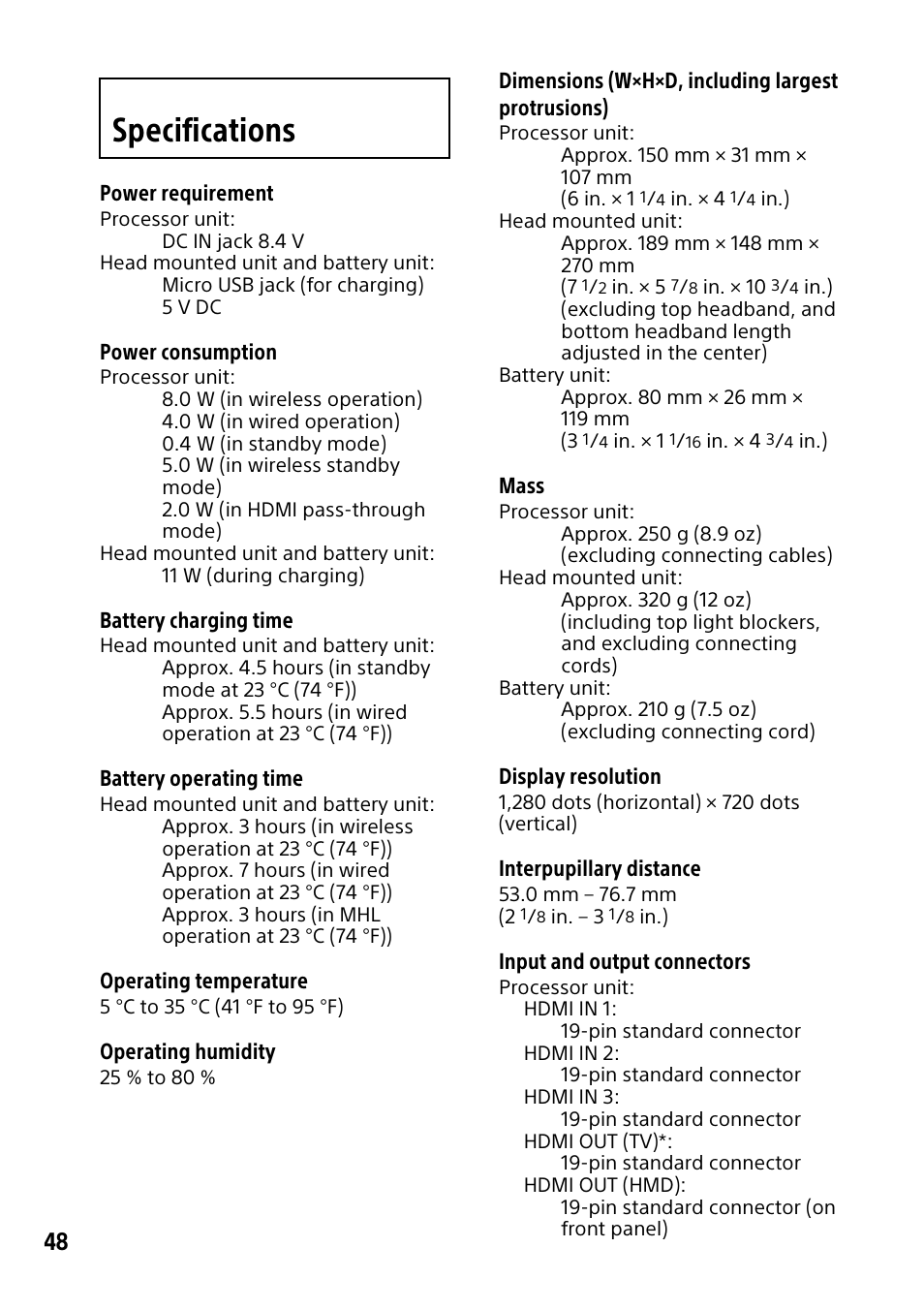 Specifications | Sony HMZ-T3W User Manual | Page 48 / 52