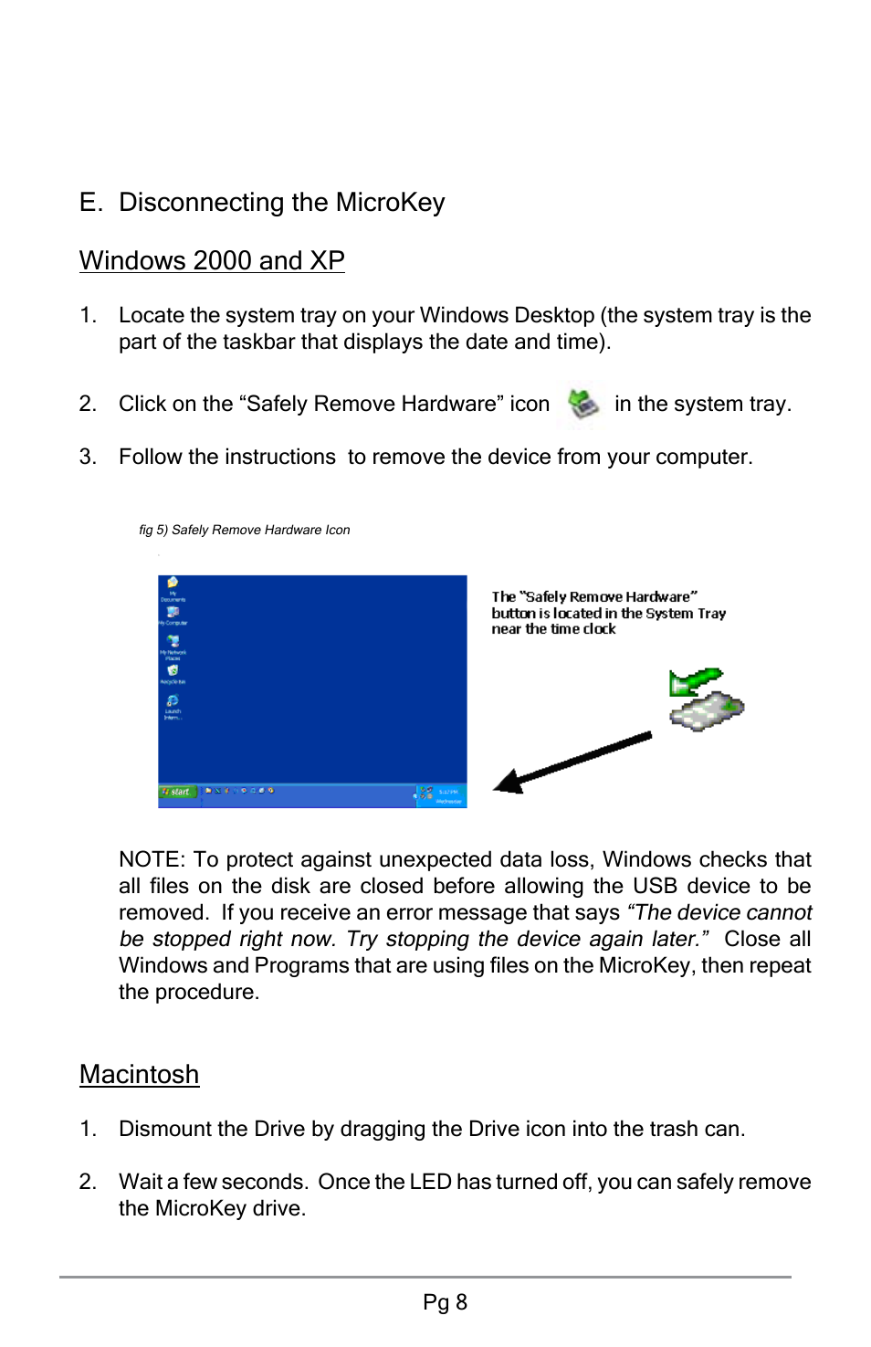 E. disconnecting the microkey windows 2000 and xp, Macintosh | Apricorn USB Storage Device User Manual | Page 10 / 22