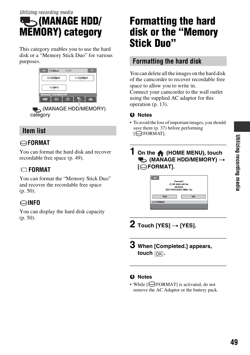 Utilizing recording media, Manage hdd/ memory) category, Formatting the hard disk or the “memory stick duo | Utilizing recording, Media, P.49), P. 49), Manage hdd/memory), Category, Item list | Sony DCR-SR300C User Manual | Page 49 / 131