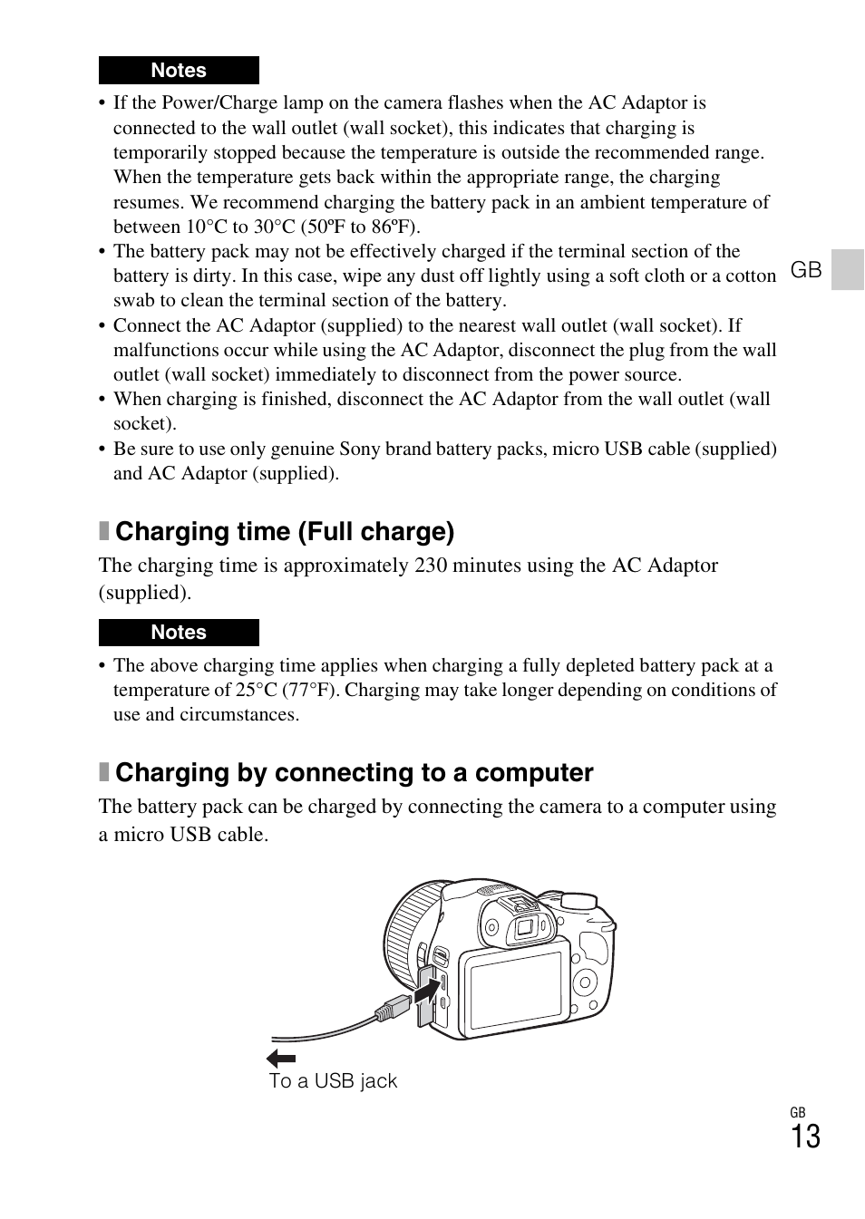 Xcharging time (full charge), Xcharging by connecting to a computer | Sony DSC-HX400V User Manual | Page 13 / 80