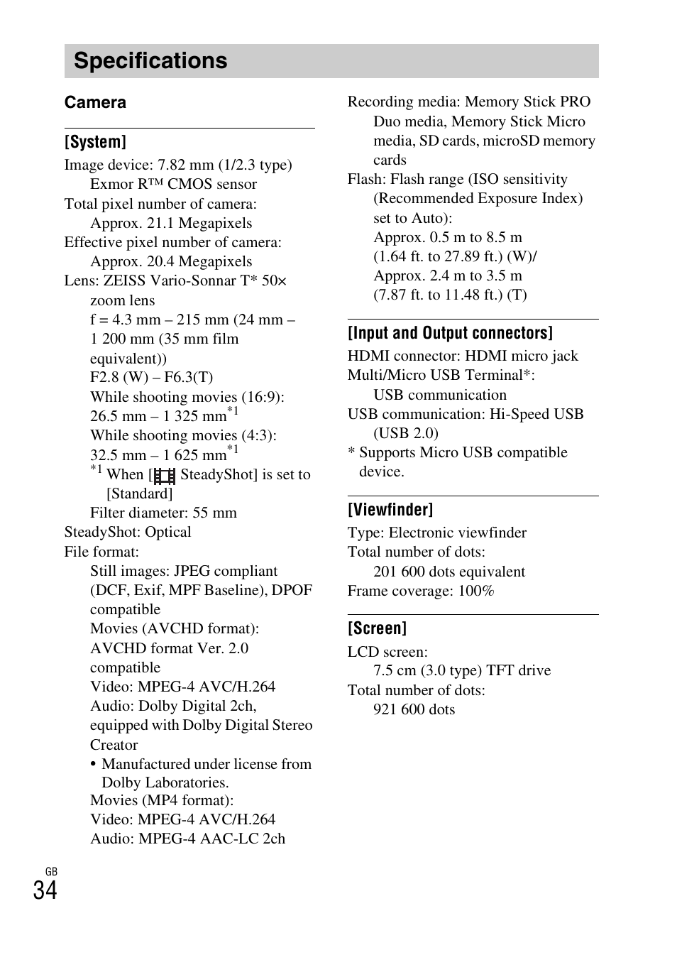 Specifications | Sony DSC-HX400V User Manual | Page 34 / 80
