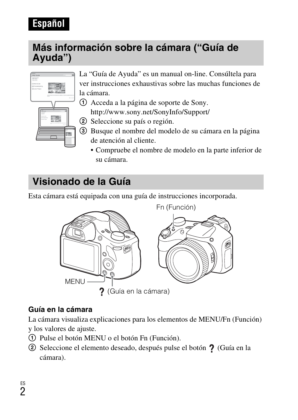 Español, Más información sobre la cámara (“guía de ayuda”), Visionado de la guía | Sony DSC-HX400V User Manual | Page 38 / 80