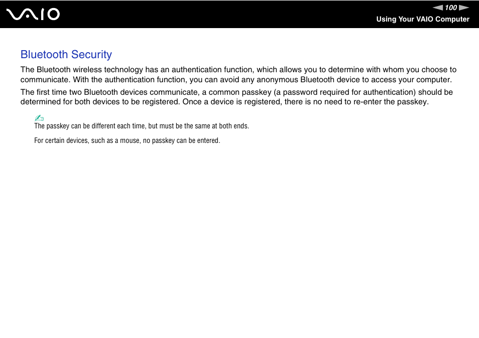 Bluetooth security | Sony VGN-FE780G User Manual | Page 100 / 236