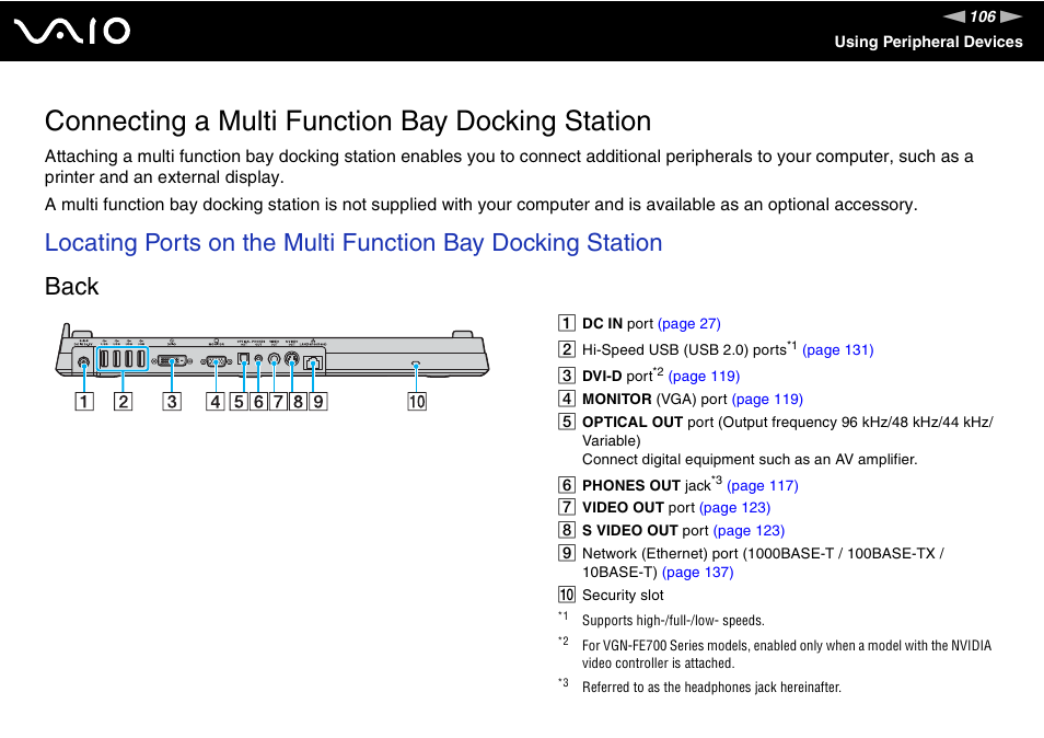 Connecting a multi function bay docking station | Sony VGN-FE780G User Manual | Page 106 / 236