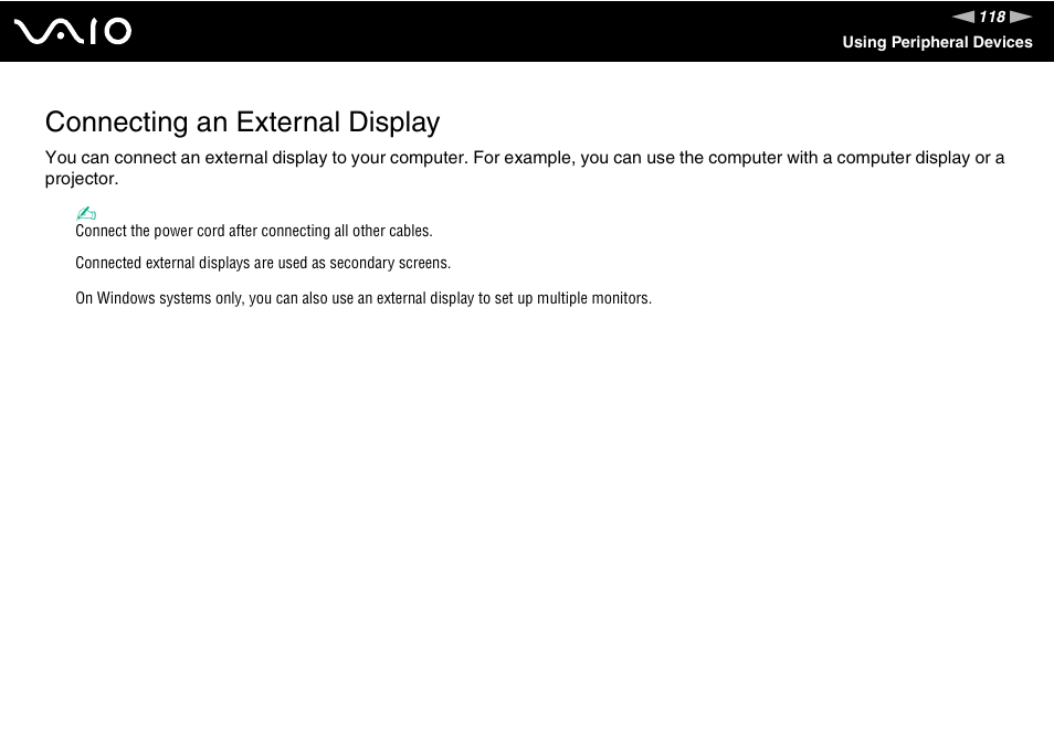Connecting an external display | Sony VGN-FE780G User Manual | Page 118 / 236