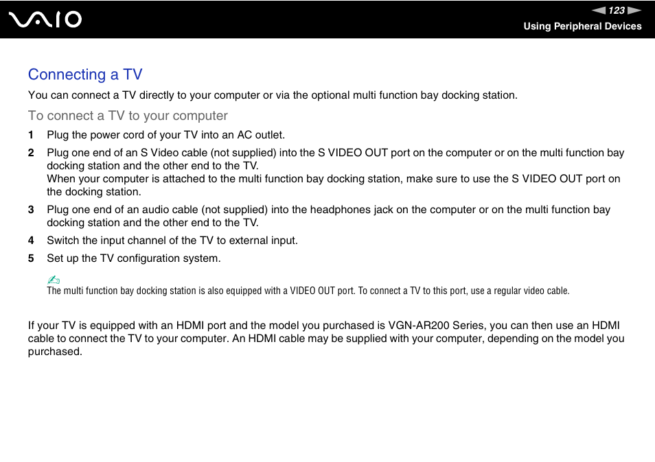 Connecting a tv | Sony VGN-FE780G User Manual | Page 123 / 236