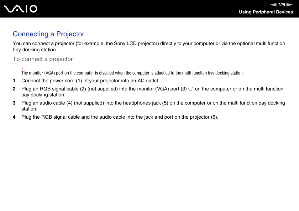 Connecting a projector | Sony VGN-FE780G User Manual | Page 125 / 236