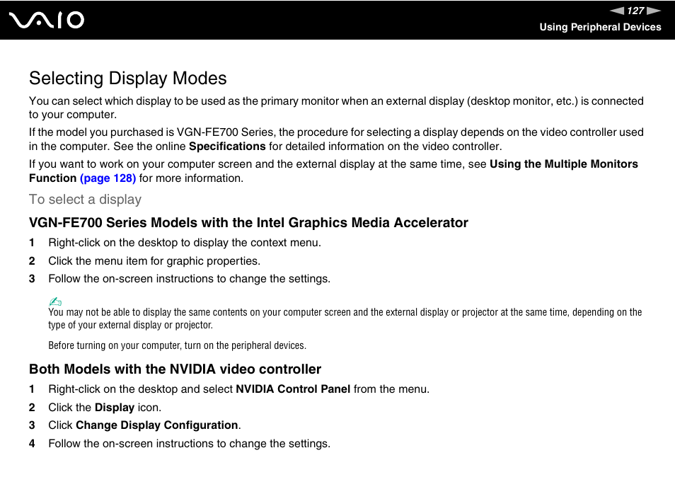 Selecting display modes | Sony VGN-FE780G User Manual | Page 127 / 236