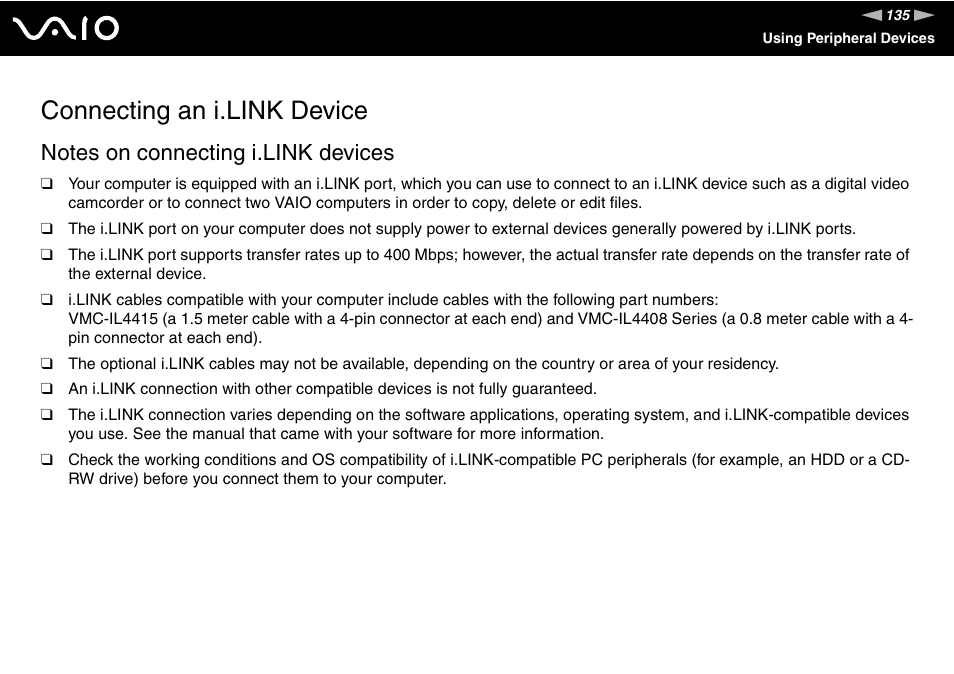 Connecting an i.link device | Sony VGN-FE780G User Manual | Page 135 / 236
