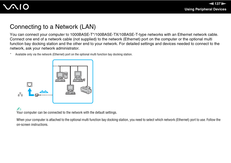 Connecting to a network (lan) | Sony VGN-FE780G User Manual | Page 137 / 236