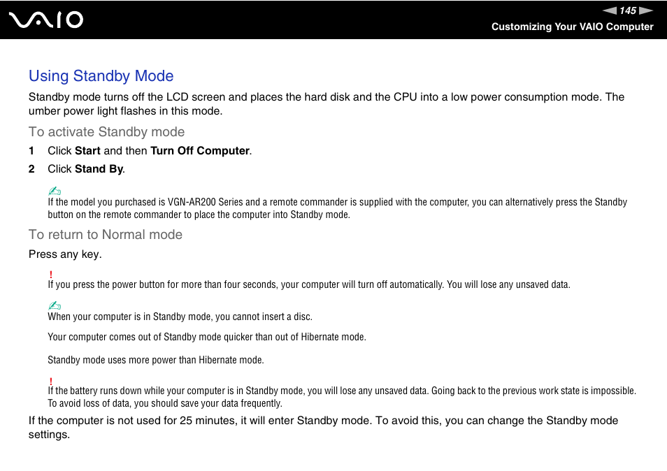 Using standby mode | Sony VGN-FE780G User Manual | Page 145 / 236