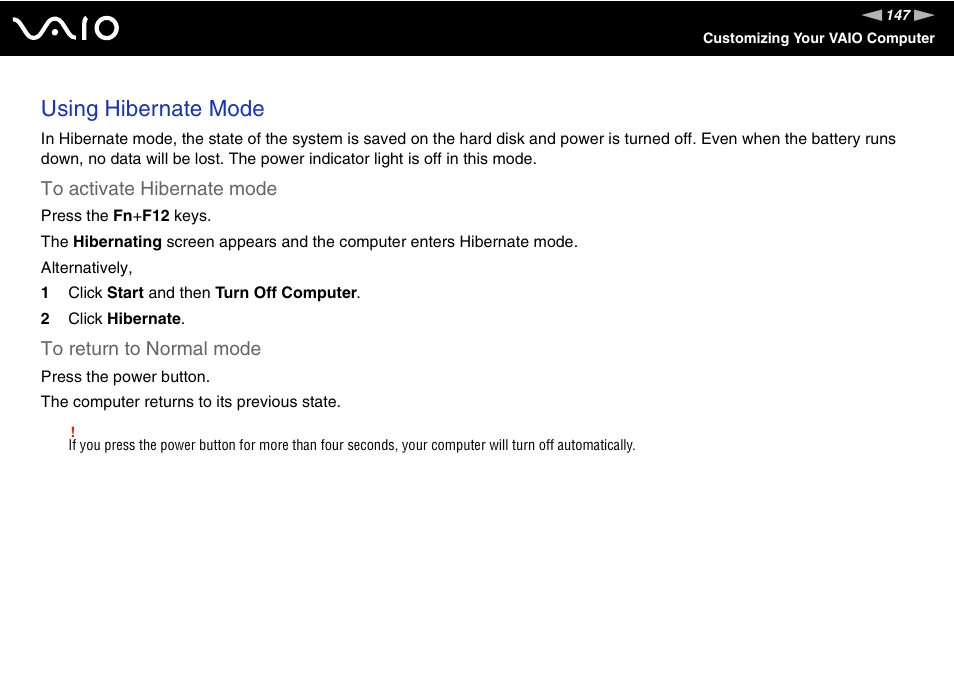 Using hibernate mode | Sony VGN-FE780G User Manual | Page 147 / 236